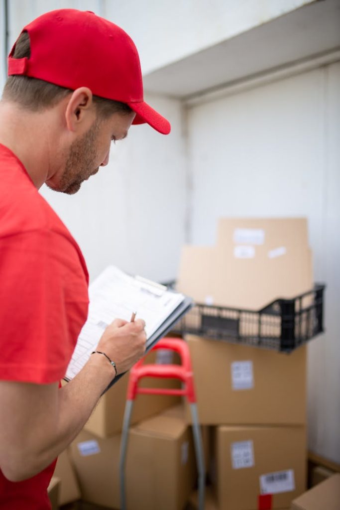 A courier in a red uniform checks inventory in a warehouse setting.